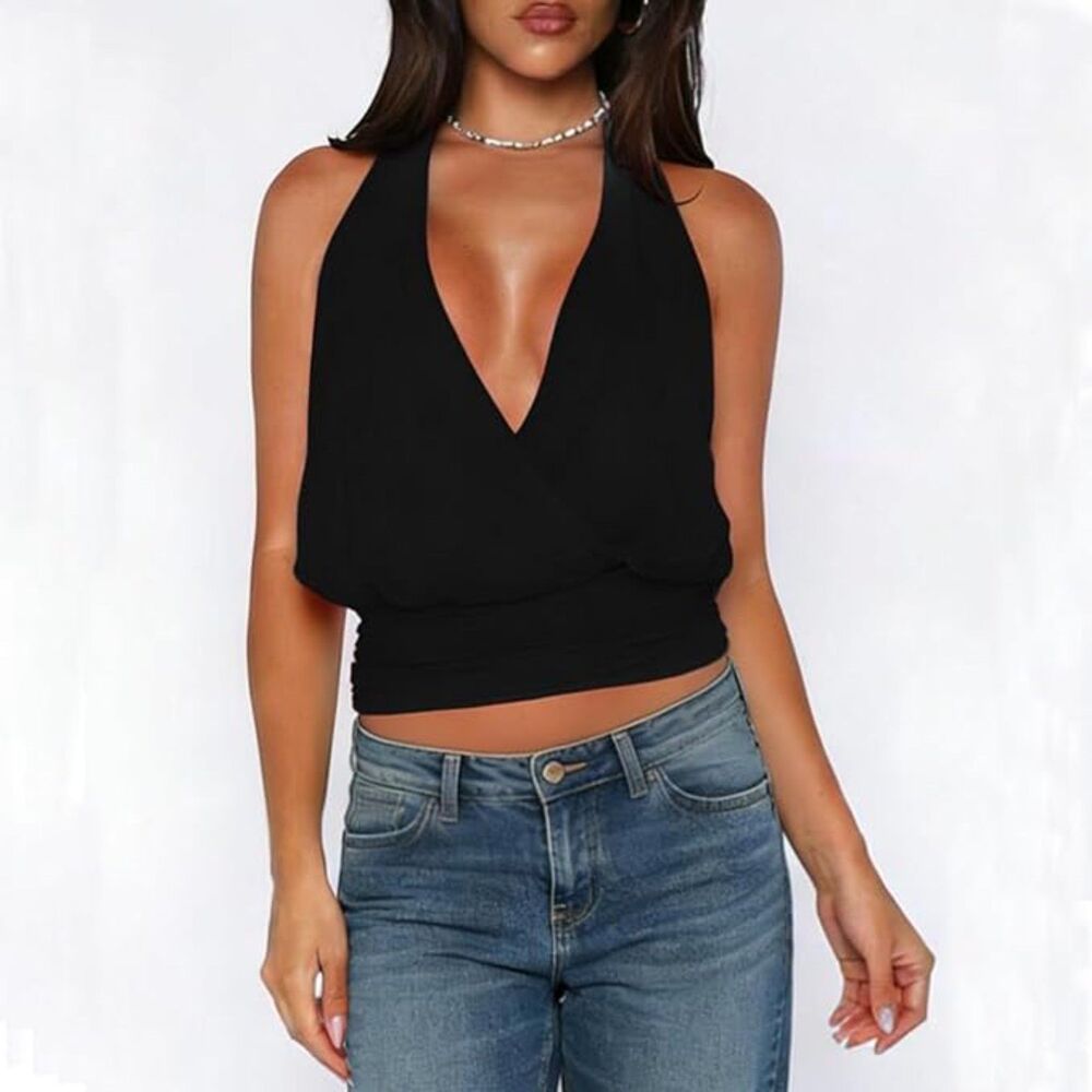 Black Halter Crop Top Deep V Neck Backless Y2K Going Out